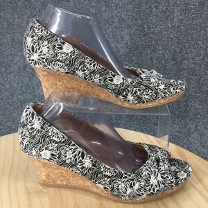 Dexflex Comfort Shoes Womens 11 Slip On Wedge Black Print Canvas Casual Peep Toe